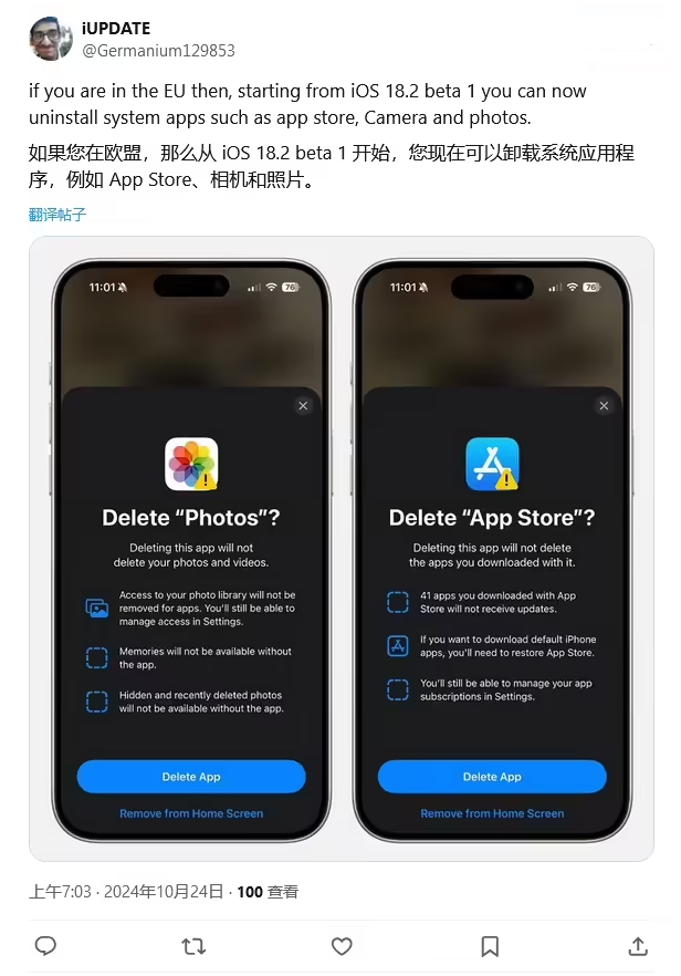 黄陂苹果手机维修分享iOS 18.2 支持删除 App Store 应用商店 